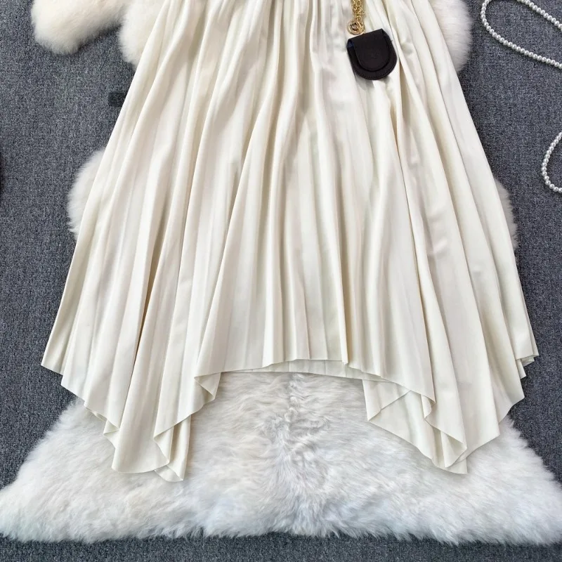 새로운 가을 겨울 한국식 하이 웨이스트 플리츠 스커트 슬림 플로잉 룩 중간 길이 무릎 길이 불규칙한 A 라인 스커트
