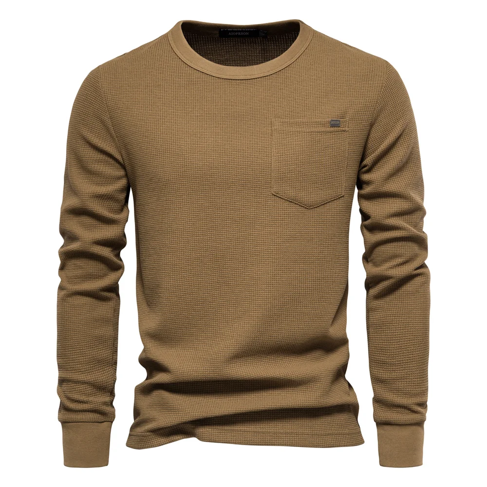 AIOPESON Waffel Baumwolle Einfarbig Männer T-shirts Einzelne Tasche Langarm T-shirts für Männer Neue Frühling Grundlegende Atmungsaktive Tops Männer