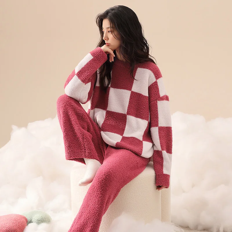 Women's Pajamas O-Neck Coral Velvet Autumn Winter Pyjamas Female Pijamas Mujer Sleepwear Long-Sleeve Thick Warm Lounge Sleep Set