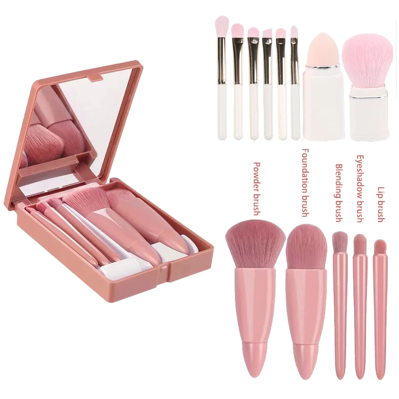 Conjunto de Pincéis de Maquiagem para Viagem com Estojo Espelhado, Pincéis para Sombra, Contorno, Base, Blush, Pó, Sobrancelha e Esponja de Maquiagem