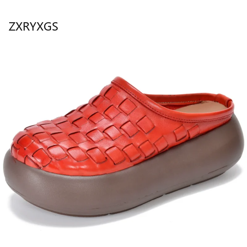 

ZXRYXGS Тапочки-платформы из натуральной кожи с плетеным верхом, увеличивающие рост, летние женские тапочки из натуральной кожи 2026