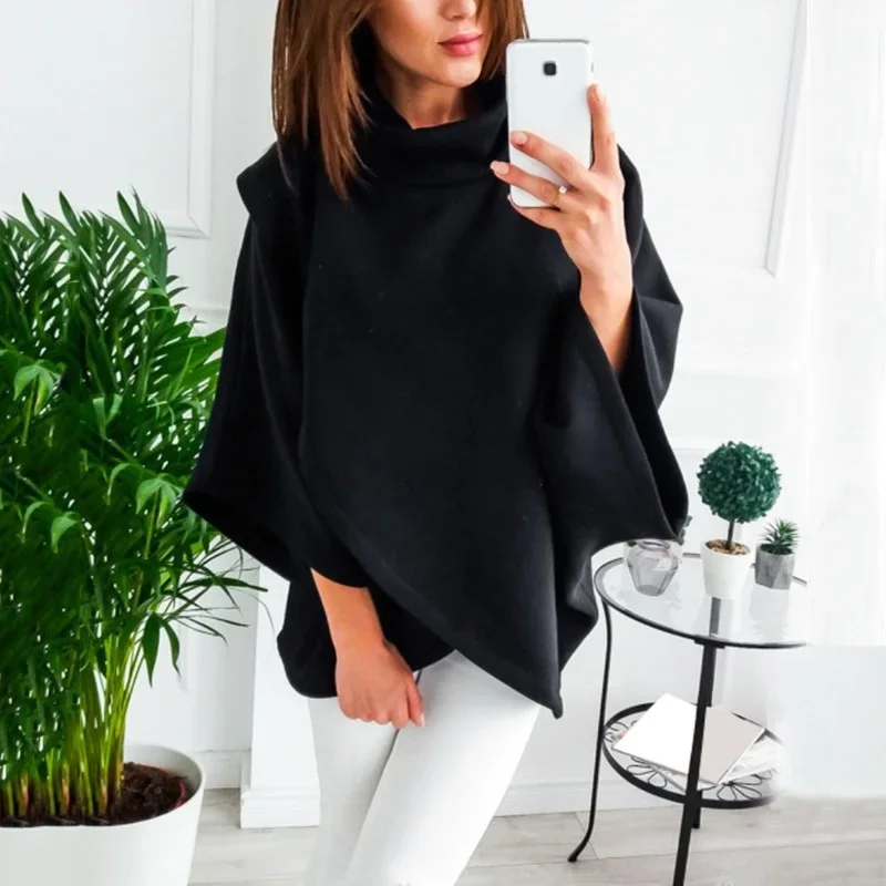 

Women Asymmetric Turtleneck Sweatshirt Fleece Cloak Fashion Batwing Poncho Winter Warm Coats Cloak Female Solid Pullover Cape