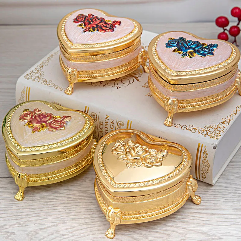 

Rose Heart-shaped Metal Jewelry Box Jewelry Organizer Case Ring Earrings Cosmetic Storage Box For Table Deocration Z121