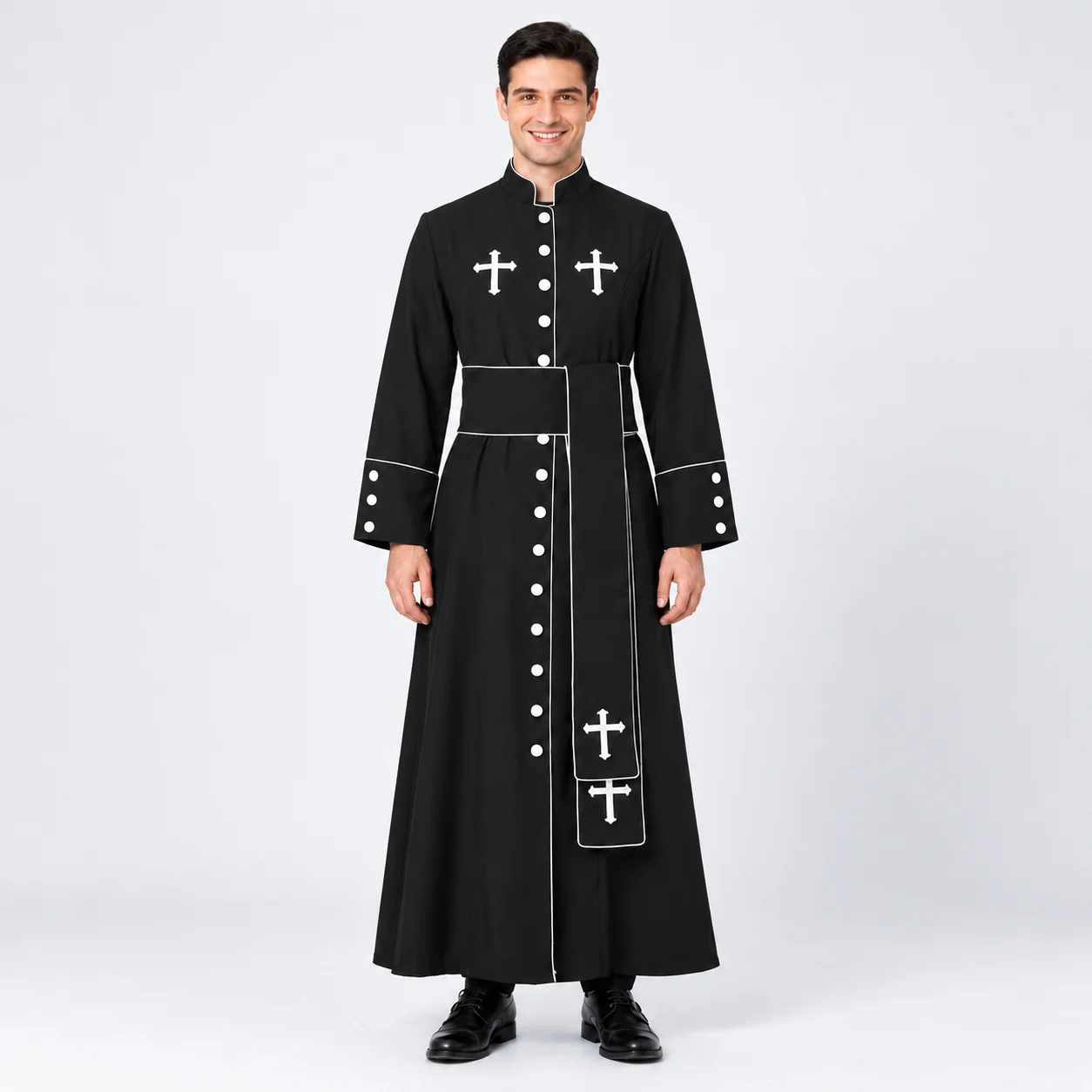 Men's Priest Robe Costume Clergy Cassock Long Black White Church Vestment Gothic Cosplay Halloween Party Religious Uniform