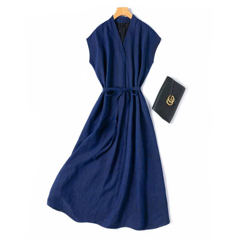 

2025 Women's Summer New 100% Natural Mulberry Silk Turtle Crack Gambiered Guangdong Gauze V-neck Blue Fashion Dress