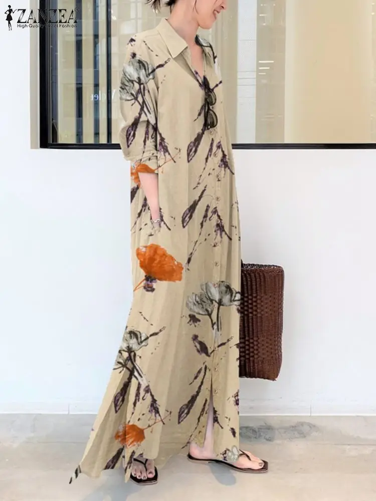 Vintage Printed Long Dress Women\'s Floral Sundress ZANZEA Long Sleeve Shirt Vestidos Female Lapel Button Robe Elegant Maxi Dress