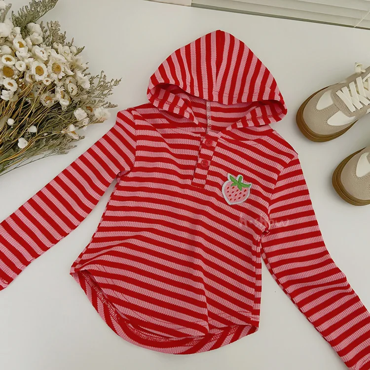 

baby girls hoodies striped Korean spring autumn cute strawberry hooded t-shirt kids clothes sweatshirt pullover 2 to 10 years