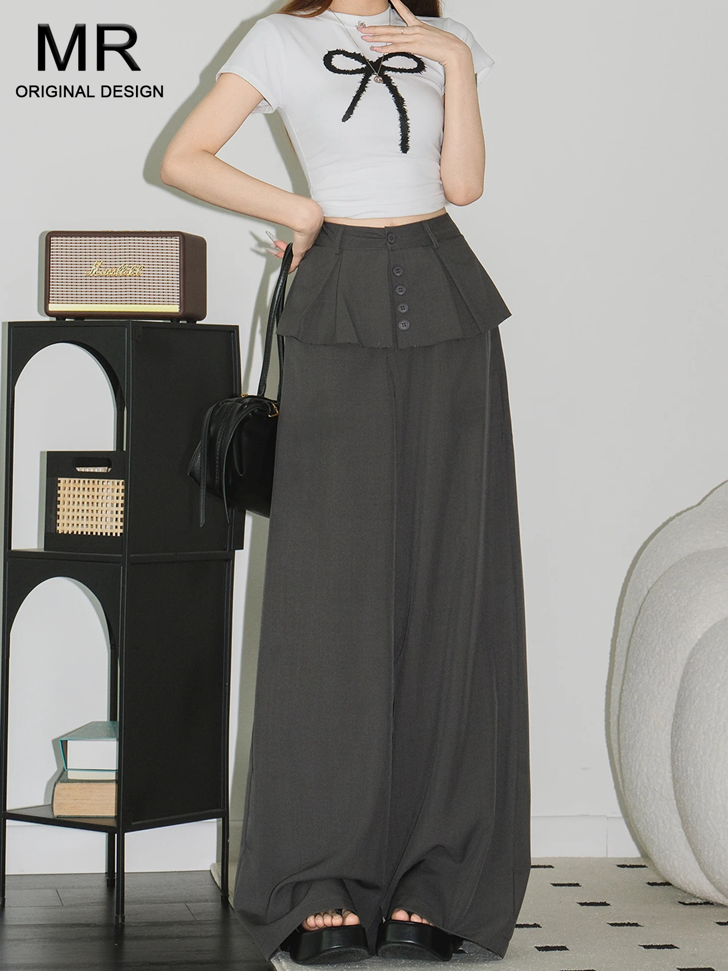

High Waist Wide Leg Casual Pants Women's Single Button Commute Slimming Floor-Length Pants Gray Spring 2026 New Style