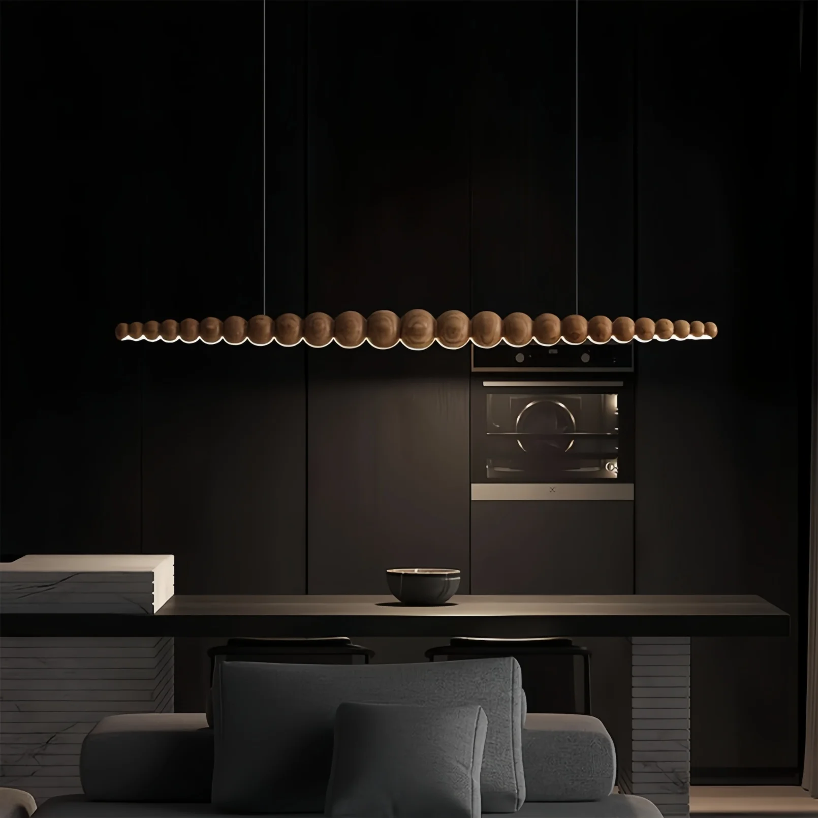 

Modern Woodline Orb Pendant Light Dimmable with Remote Control Wooden Beads Long Linear LED Hanging Lamp for Island Dining Room