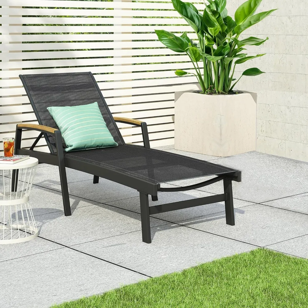 

Patio Aluminum Chaise Lounge, Adjustable Mesh Chaise Lounge, 5 Position Back Recliner, Lounge Chair with Armrest, Ourdoor Deep