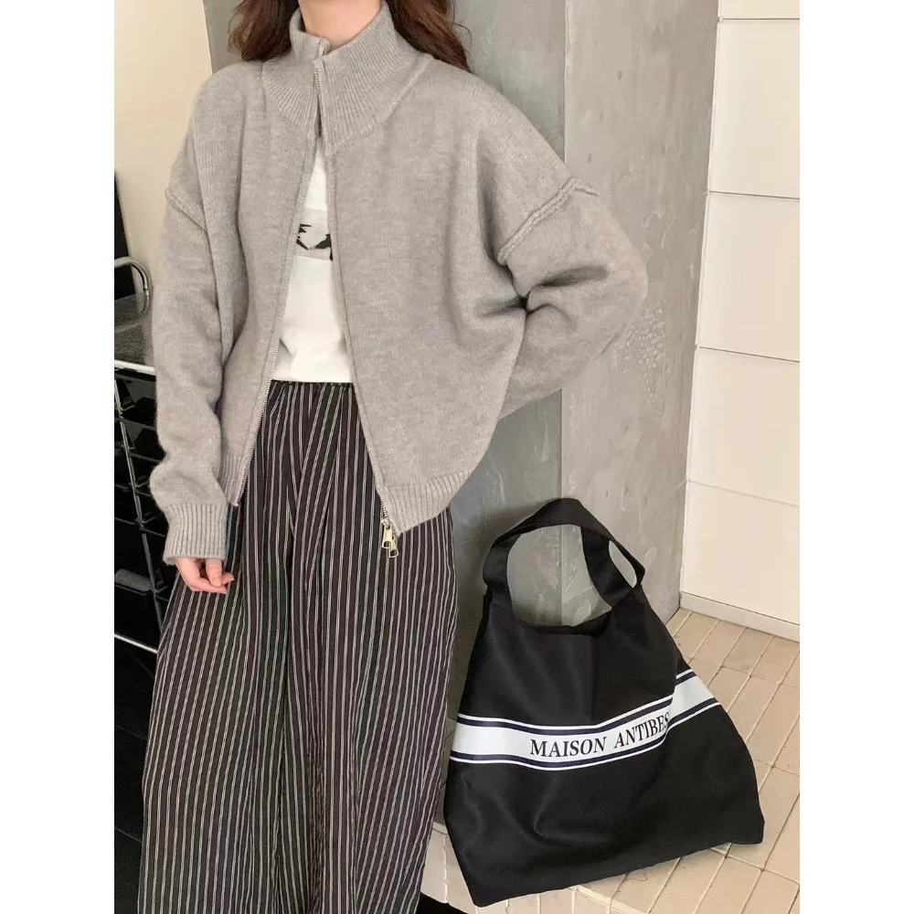 Autumn Women Gray Jacket with Hood Long Sleeve Big Pocket acket Coat Woman Loose Casual Outerwear Coat TopsLazy Wind Y2k Sweater