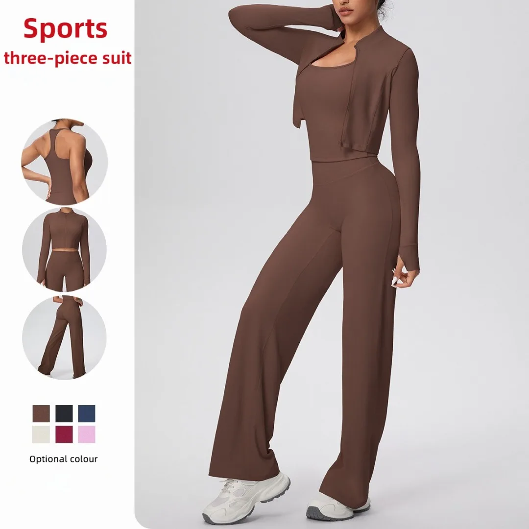 

Women's Zipper Jacket Yoga Suit High Waist Tight Racerback Tank Top Wide-Leg Pants Sports Running Fitness Three-Piece Yoga Set