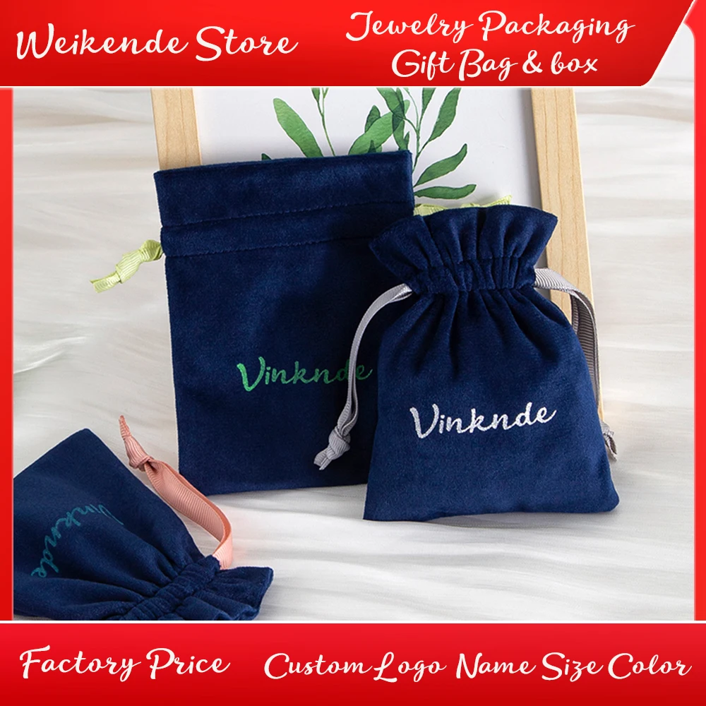 Bolsas de joyería de lana con logotipo personalizado, cinta de embalaje de terciopelo, bolsa con cordón para anillos, broches, collares, pendientes, Perfume de maquillaje