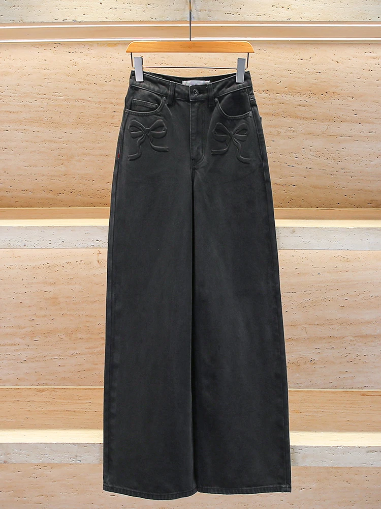 Pantaloni in denim da donna Ele European Sle con nodo a vita alta gamba larga abbigliamento casual resistente per tutte le stagioni Bla