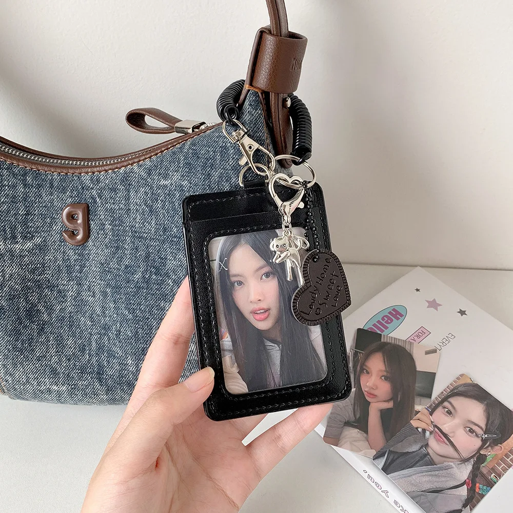 INS Fashion Korean Black Heart 3In Bag Pendant Card Holder Cute Girl Idol Photo Storage Card Holder Student Bus Card Meal Card