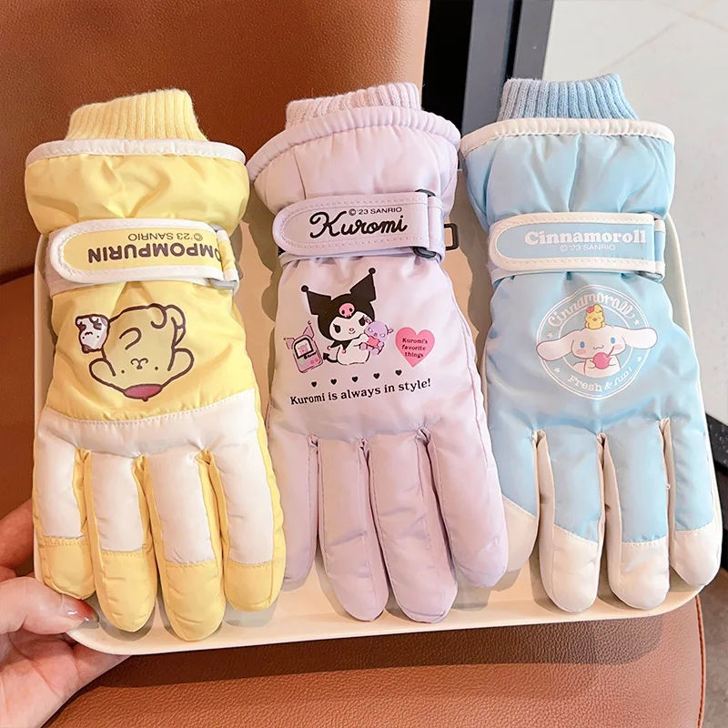 Kawaii Sanrio Cartoon Children Gloves Cute Kuromi Cinnamoroll My Melody Autumn Winter Padded Warm Ski Gloves Girl Christmas Gift