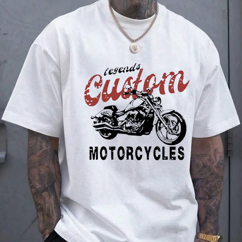 Vintage Custom Motorcycle Graphic with Distressed Lettering 100% Cotton Men T-shirt Summer Biker-Inspired Casual Streetwear Top