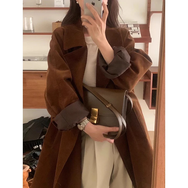 

Retro Chic Autumn Winter Long Sve Corduroy Coat Loose Casual Double Breasted Suit Collar Women's Windbreaker Outerwear