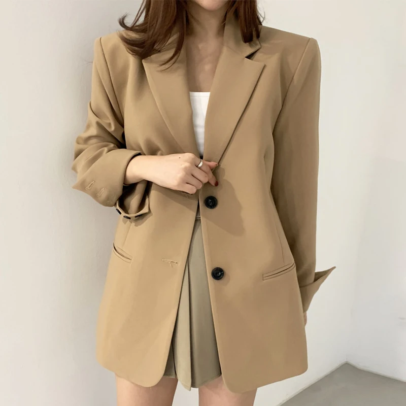 

Chic Autumnal Vintage Lapel Two-Button Double ket Loose Versatile Long Sve Suit Jaet for Women Faionable Casual Wear