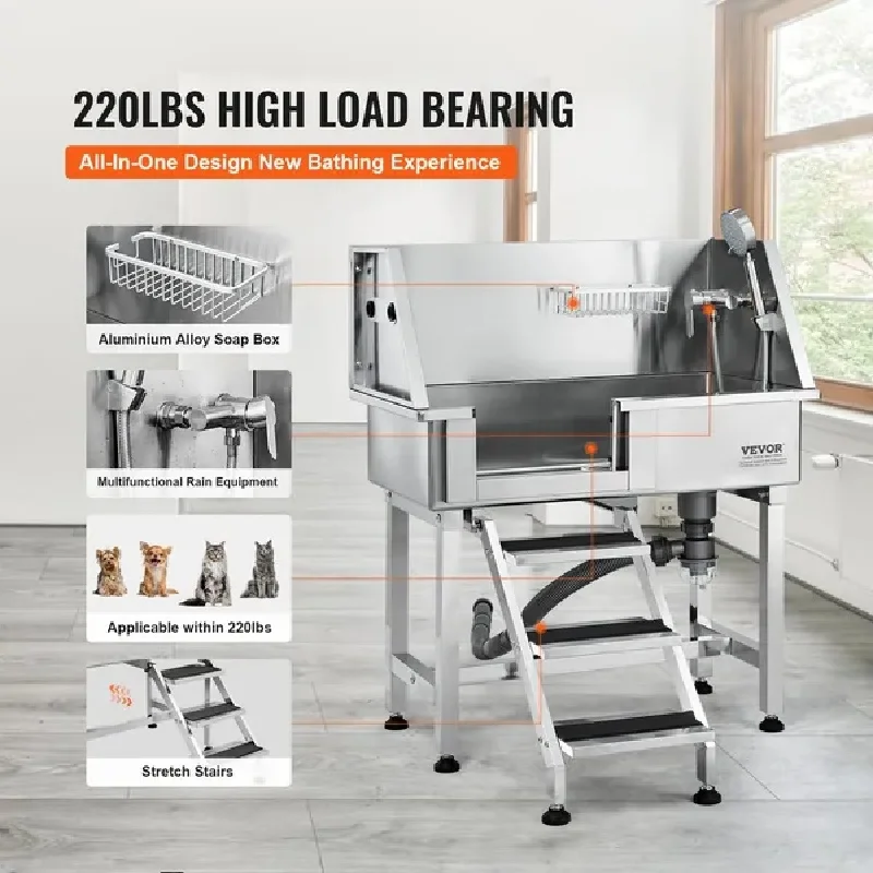 VEVOR 34" Pet Dog Bathing Station w/Ramp, Professional Stainless Steel Dog Grooming Tub w/ Storage Drawer, Faucet,Rich Accessory