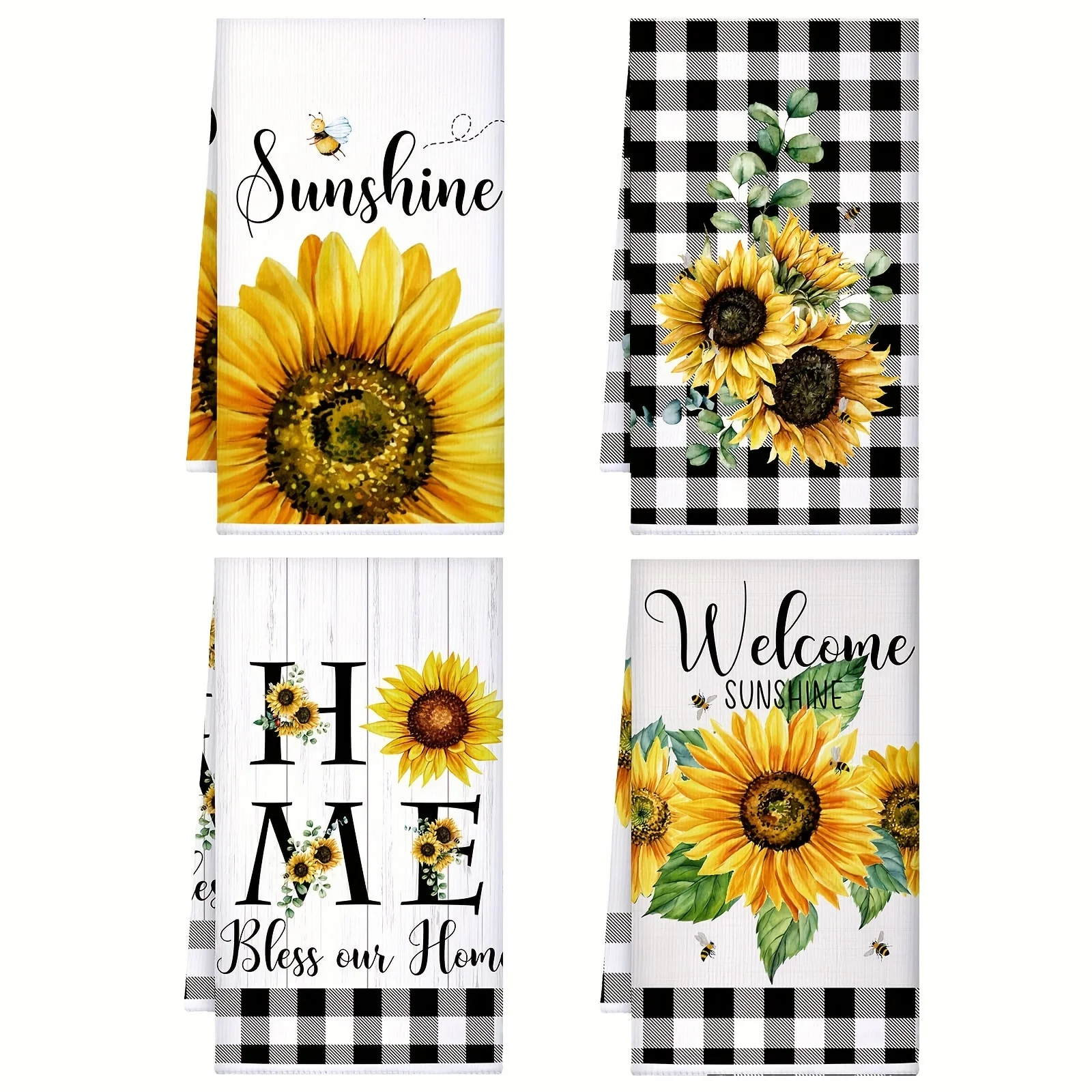 2pcs, Hand Towels, Sunflower Buffalo Plaid Printed Kitchen Towels, Decorative Dish Towels, Fast Drying Scouring Pad, Soft Absorb