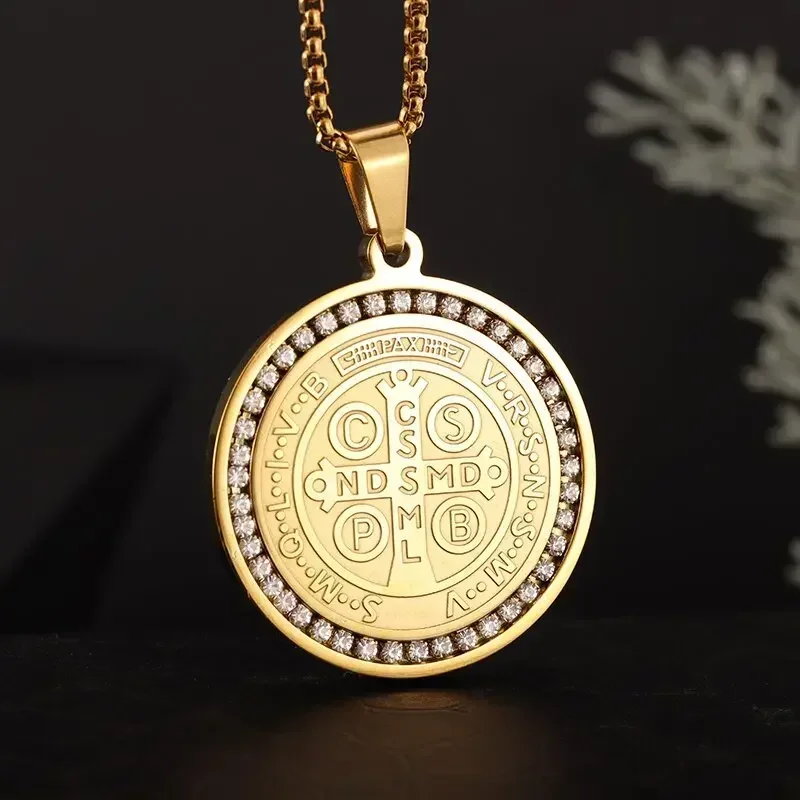 Saint Benedict Medallion Stainless Steel Pendant Zircon San Benito Collares Necklace Amulet Religious Cross Jesus Jewelry