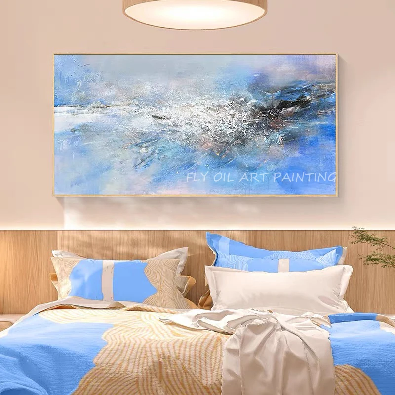 

Handmade simple pure thick knife blue landscape Modern oil painting porch aisle for living room artwork gift unframe