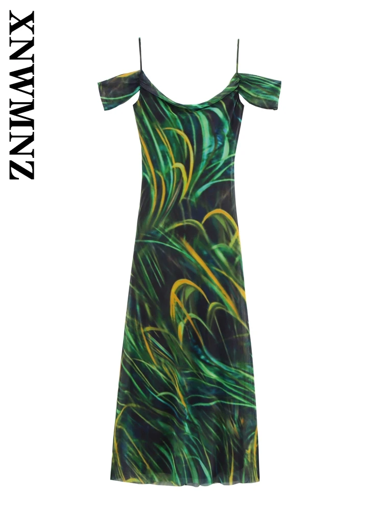 

XNWMNZ Summer Female Holiday Sexy Short Sleeve thin shoulder strap Tulle midi Dresses Chic Fashion Lady Shoulder Backless Dress