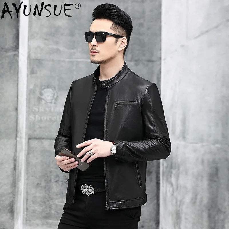 

AYUNSUE Genuine Leather Jacket Men Clothng 2020 Spring Coat Real Goatskin Clothes Short Stand Collar Clothes Veste Homme LXR820