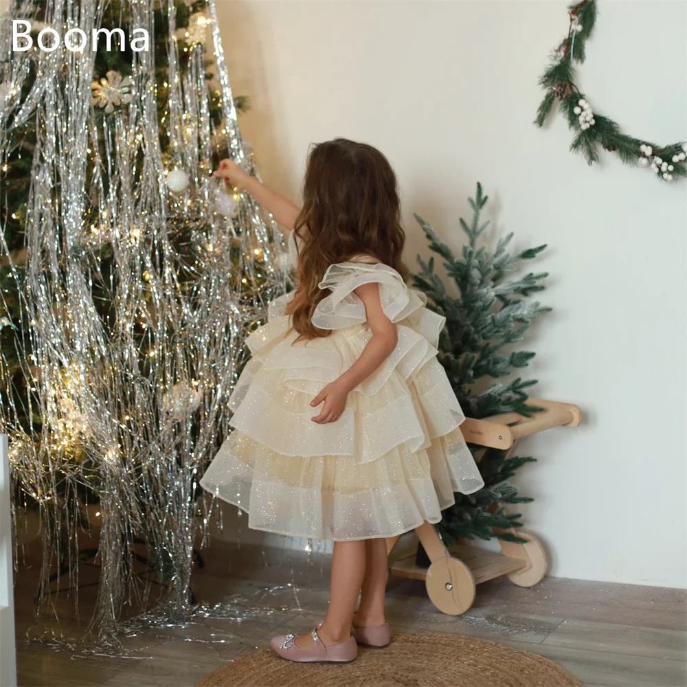 Booma a-line رقبة دائرية لامعة مطوي زهور فتاة فساتين حفلات الزفاف للأطفال زهور بنات فساتين حفلات مخصصة 2025