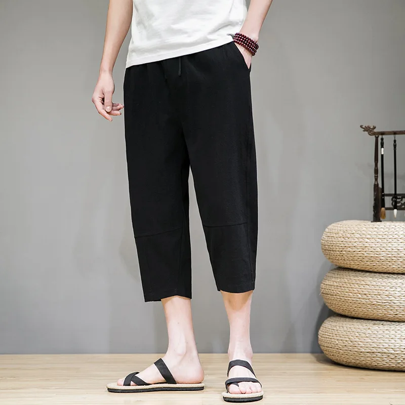 Capri Pants for Men, Loose Fit Small Leg Harlan Pants, Trendy Chinese Style Cotton Linen Casual Pants, Thin Cropped Beach Pants