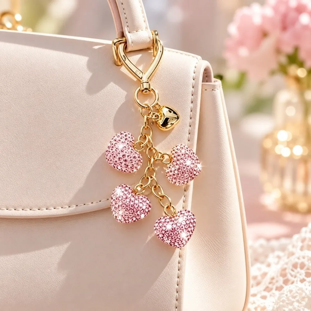 Versatile Layered Crystal Heart Rhinestone Keychain Diamond Bling Handbag Charm Portable Creative Car Key Ring Handbag Accessory