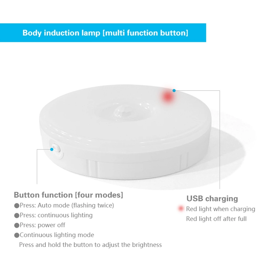 PIR Sensor de Movimento LED Night Light, USB Recarregável, Regulável, Lâmpada para Gabinete, Sem Fio, Armário, Branco