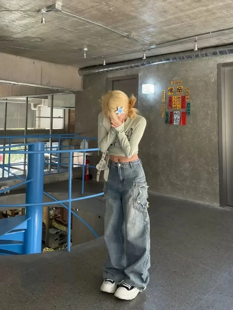 Y2K Emo Women Streetwear Oversized Star Pattern Straight Trousers Baggy Jeans Fairy Grunge Hip Hop Denim Pants Korean Clothes