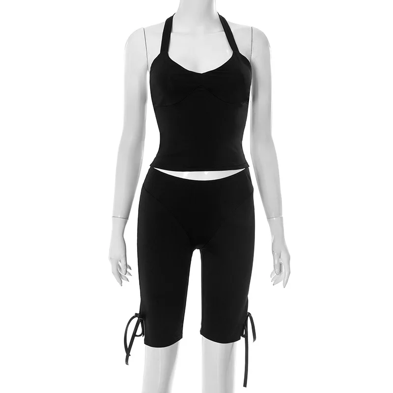 Frauen Solide 2-teiliges Set Sommer Trainingsanzüge Sexy Lace Up Halter Backless Tank Crop Tops + Dünne Knielange Hosen Fitness anzüge