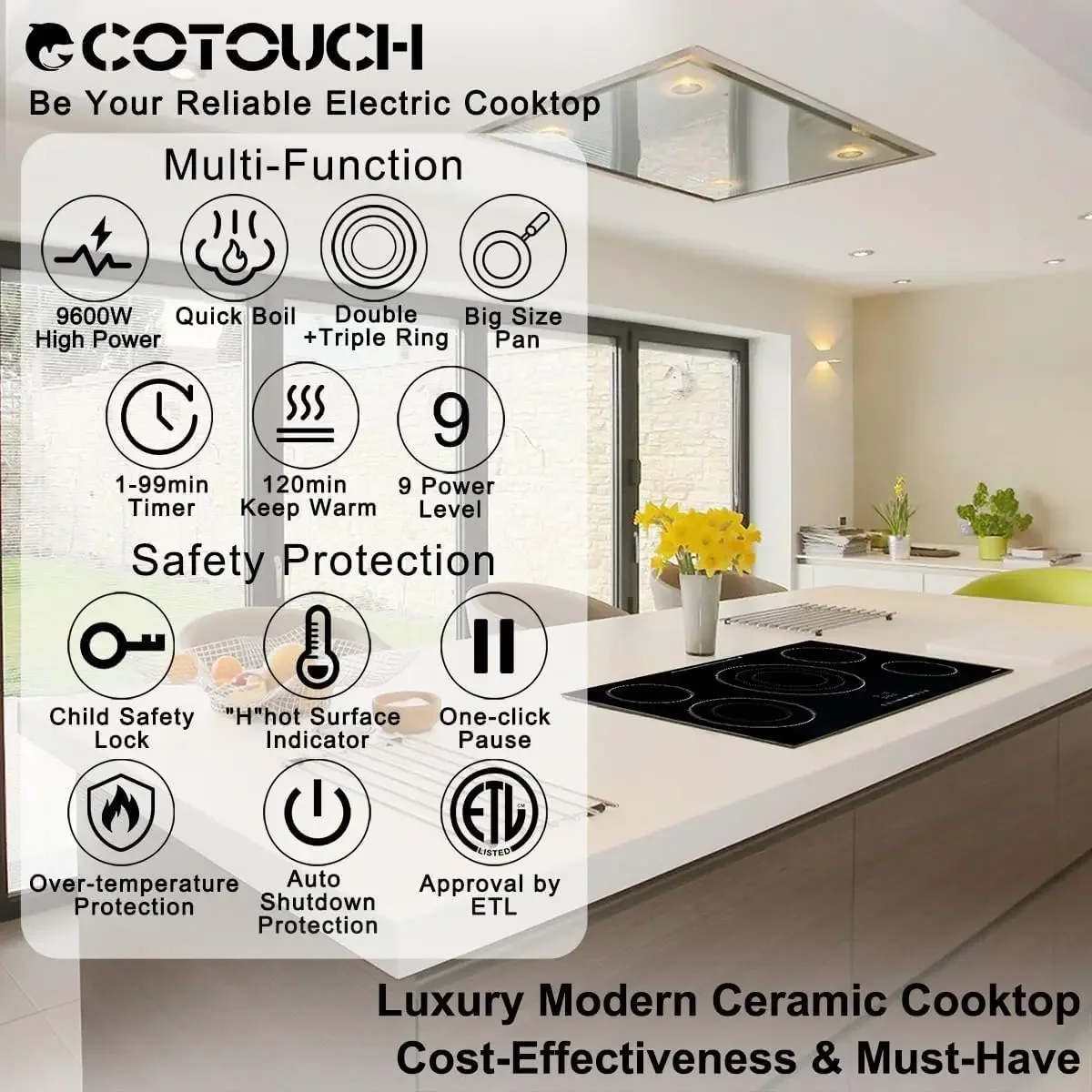 Cooktop 36 Inch, ECOTOUCH Built-in Electric Cooktop 5 Burner Stove Top, 36