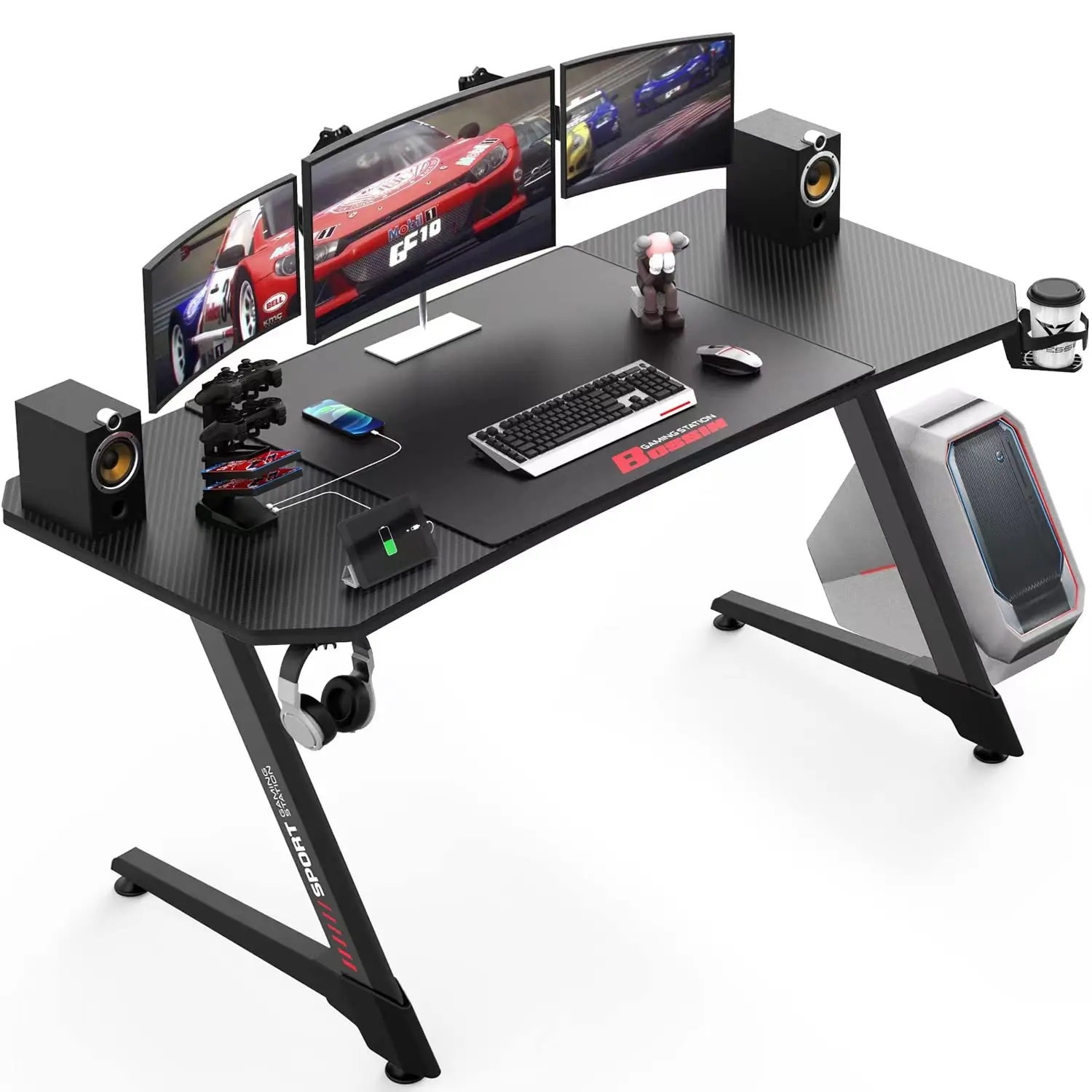 Ergonomic Gaming Desk 55 Inch, Z Shaped Office PC Computer Desk with Mouse Pad, Gamer Tables with Gaming Handle, Customized