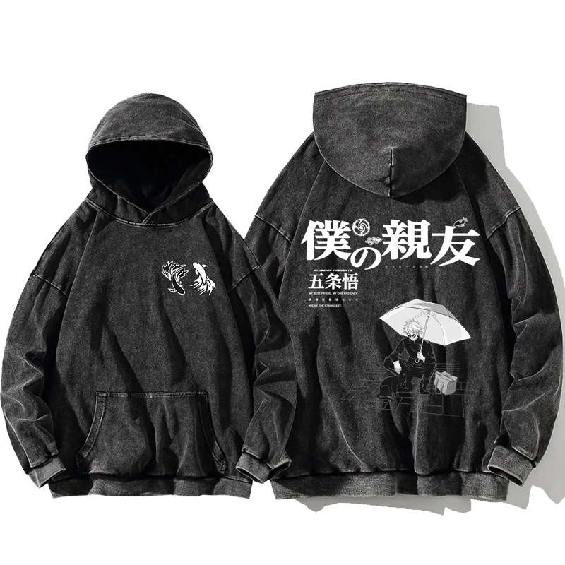 Jujutsu Kaisen Satoru Gojo Anime Printed Hoodies For Men Women Oversized Washed Cotton Sweatshirts Comfortable Hooded Streetwear