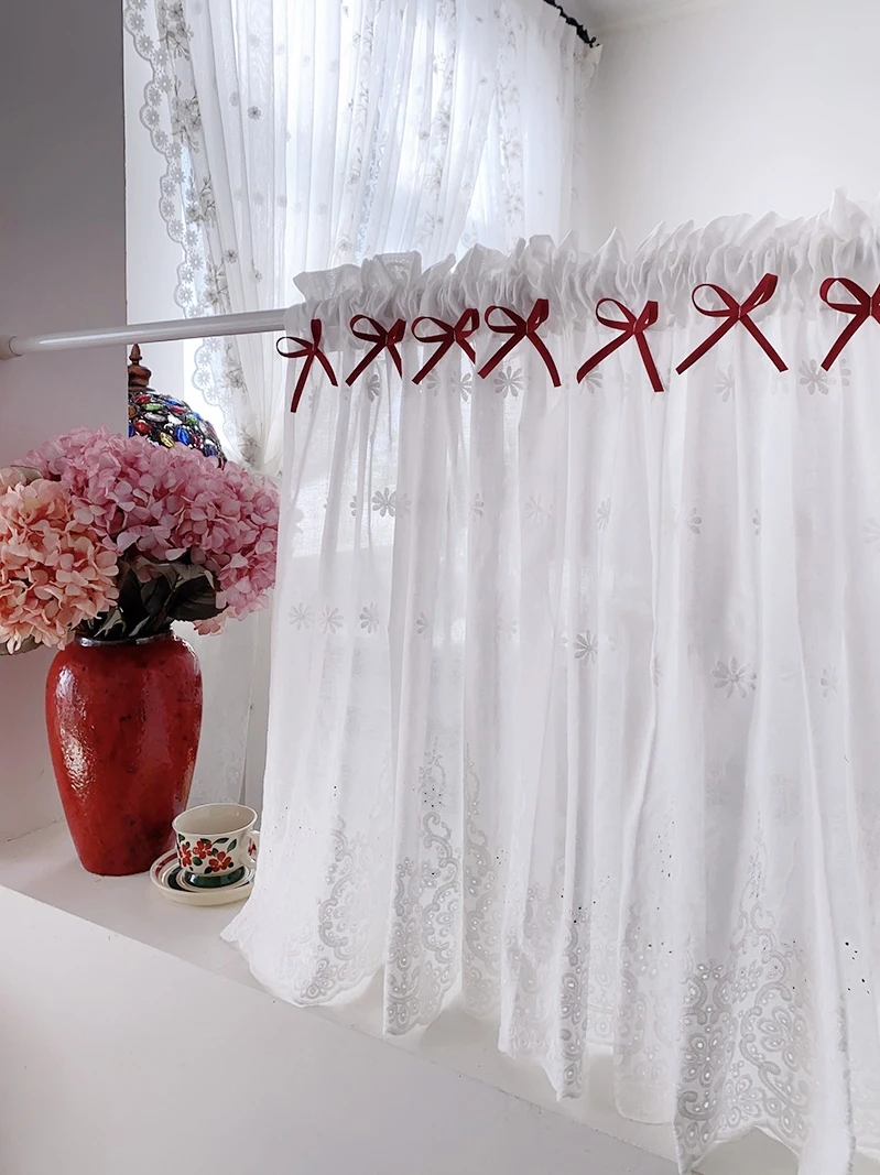 

Korean Style Pastoral Art Pure Cotton Embroidery Fabric Half Curtains for Living Room Product Bay Window Coffee Door Curtain