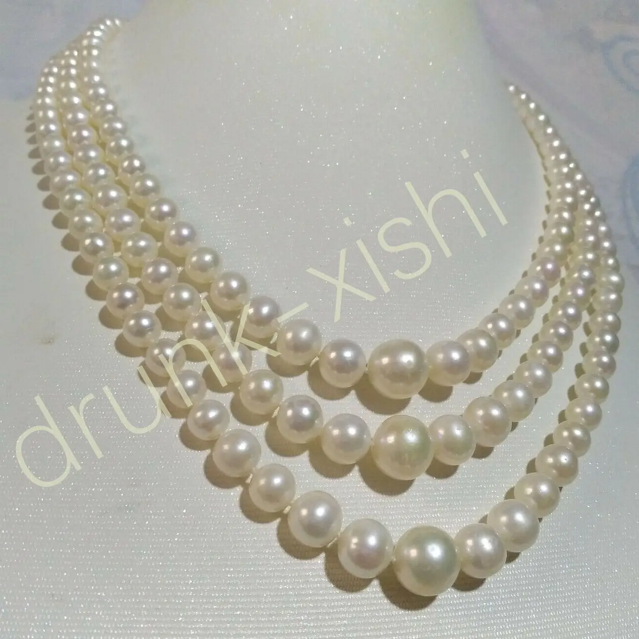 Nature South Sea Triple Strands 3 Rows Princess Real Pearl Beads Necklace White 6-10mm Near Round At Party Wedding Birthday