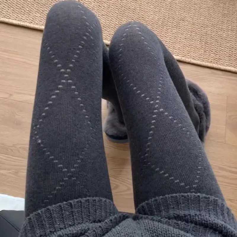 Miu Grey Diamond Hollow Out Leggings Spring Autumn Wear High Elasticity Non Slip Bottoming Tights Solid Color Fall Winter Pantyh