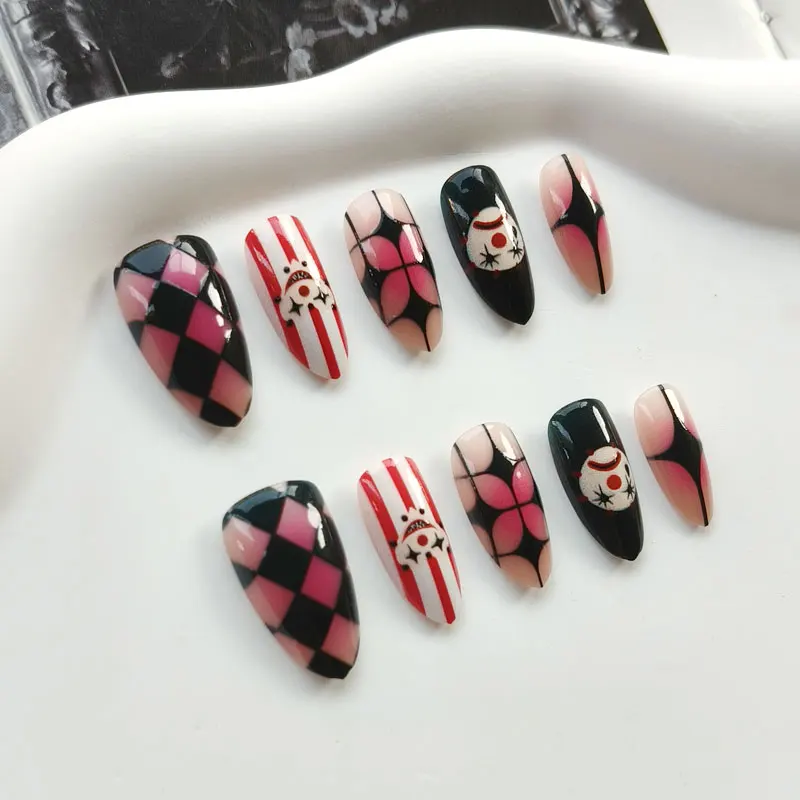 10 Stück niedliche, verspielte Clown-Maske, zum Aufkleben, künstliche Nägel, für Mädchen und Damen, abnehmbare Nagelspitzen, Karneval, süß, cool, Party – Detail 9