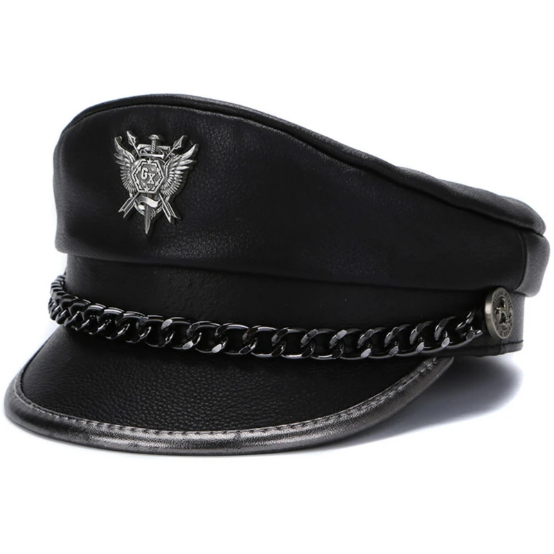 Novelty Winter Men‘s Genuine Leather Hat Male Flat Top Badge Locomotive Retro Military Caps Students Punk Cortical Chain Gorra