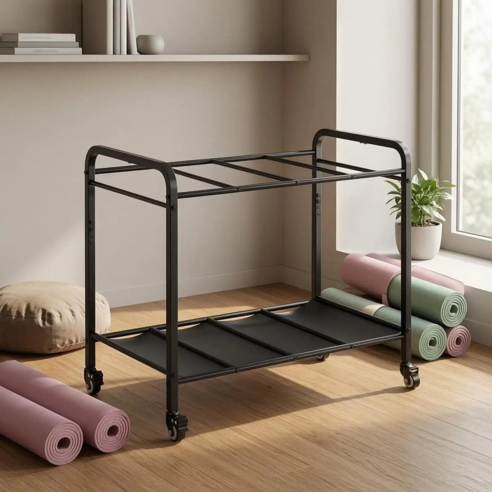Fitness Gear Organizer Movable Storage Cart with Open Shelf for Training Mats and Home Gym Equipment
