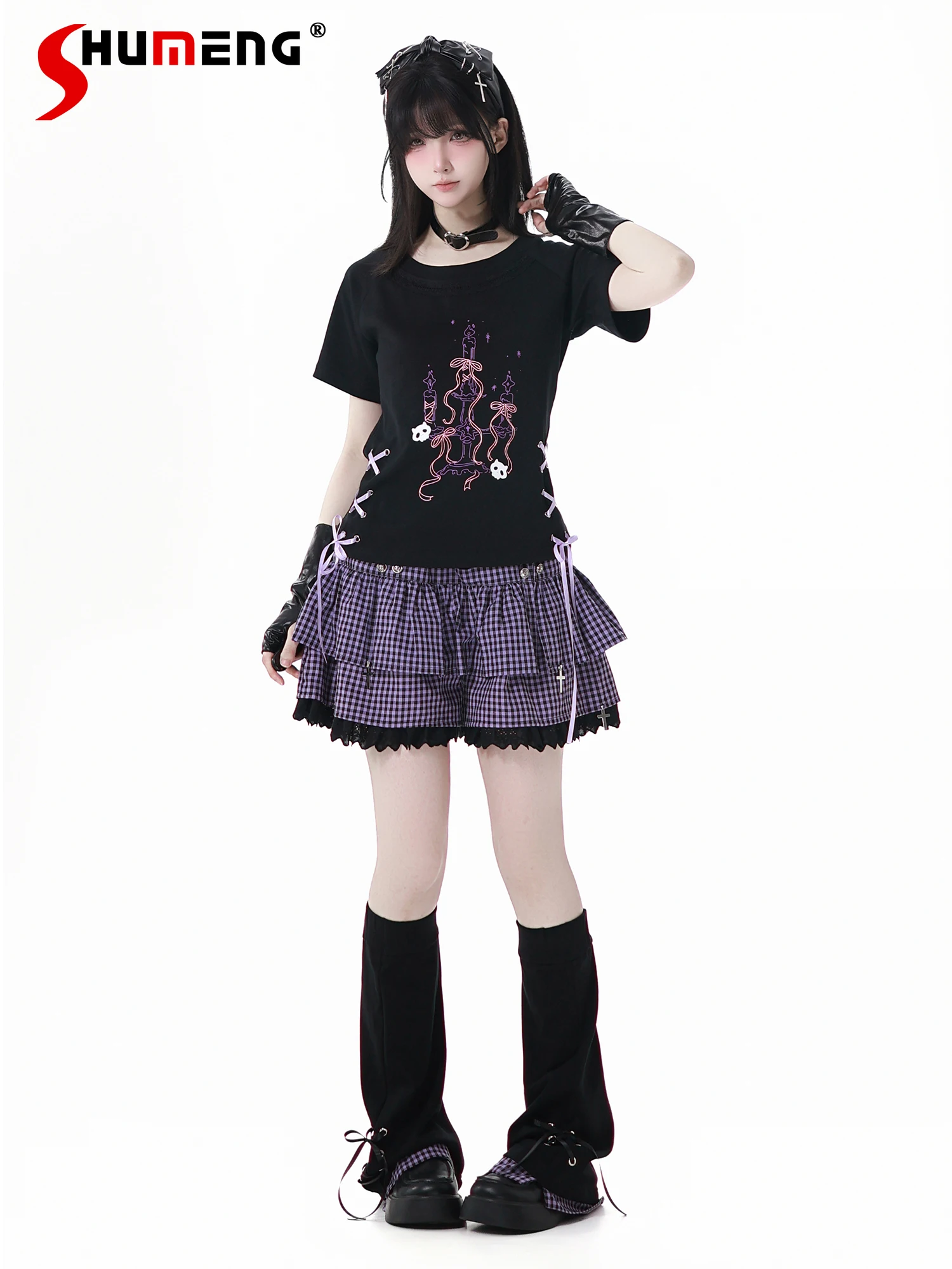

Subculture Sweet Cool Girl Summer Fashion Purple Suit Crew Neck Short Sleeve Loose T-Shirt High Waist Plaid Shorts Sets Women