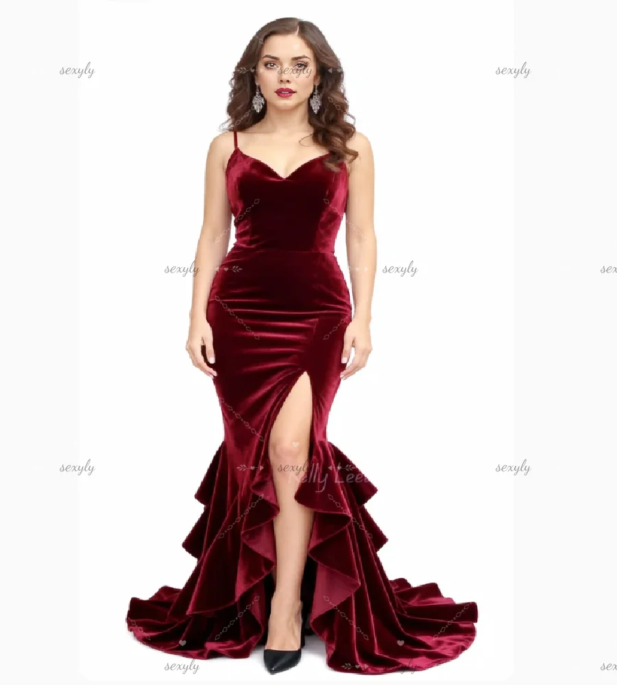 Charming Wine Mermaid Evening Dress 2026 Sexy Spaghetti Straps Velvet Prom Dress Slit Birthday Dinner Party Formal Occasion Wear