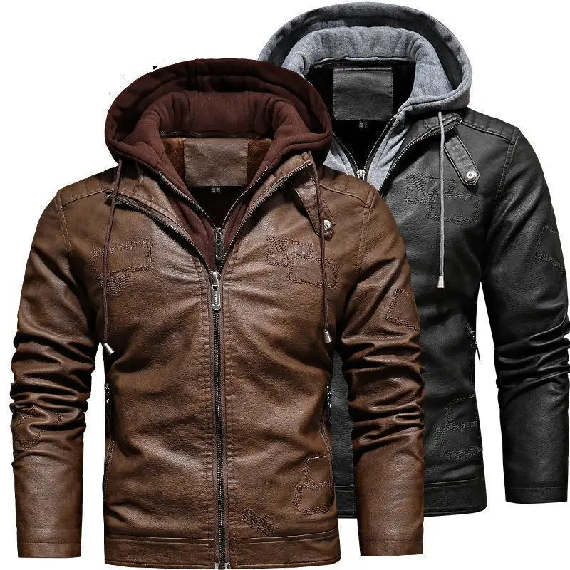 

Men's Detachable Large Hooded Leather Jacket, Motorcycle Punk Coat, Slim Fit, Retro Fashion, Autumn and Winter