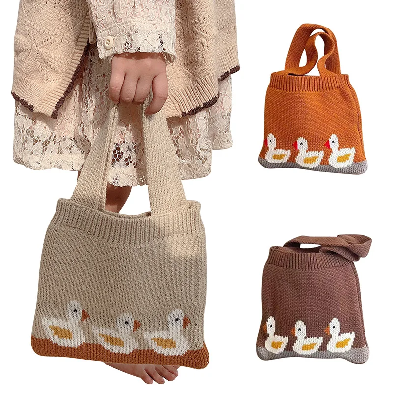 Kids Handbags for Girls Cartoon Duck Knitted Small Bag Autumn Winter Children Bags Portable Handbag Coin Snacks Storage Bag Case