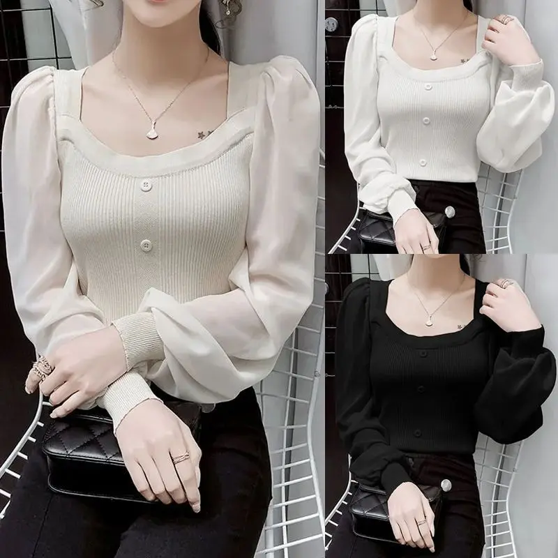 Slightly Chubby MM Plus Size Western-style Square Neck Long Sleeved Top for Women's Fashion Temperament Slim Fit and Slimming