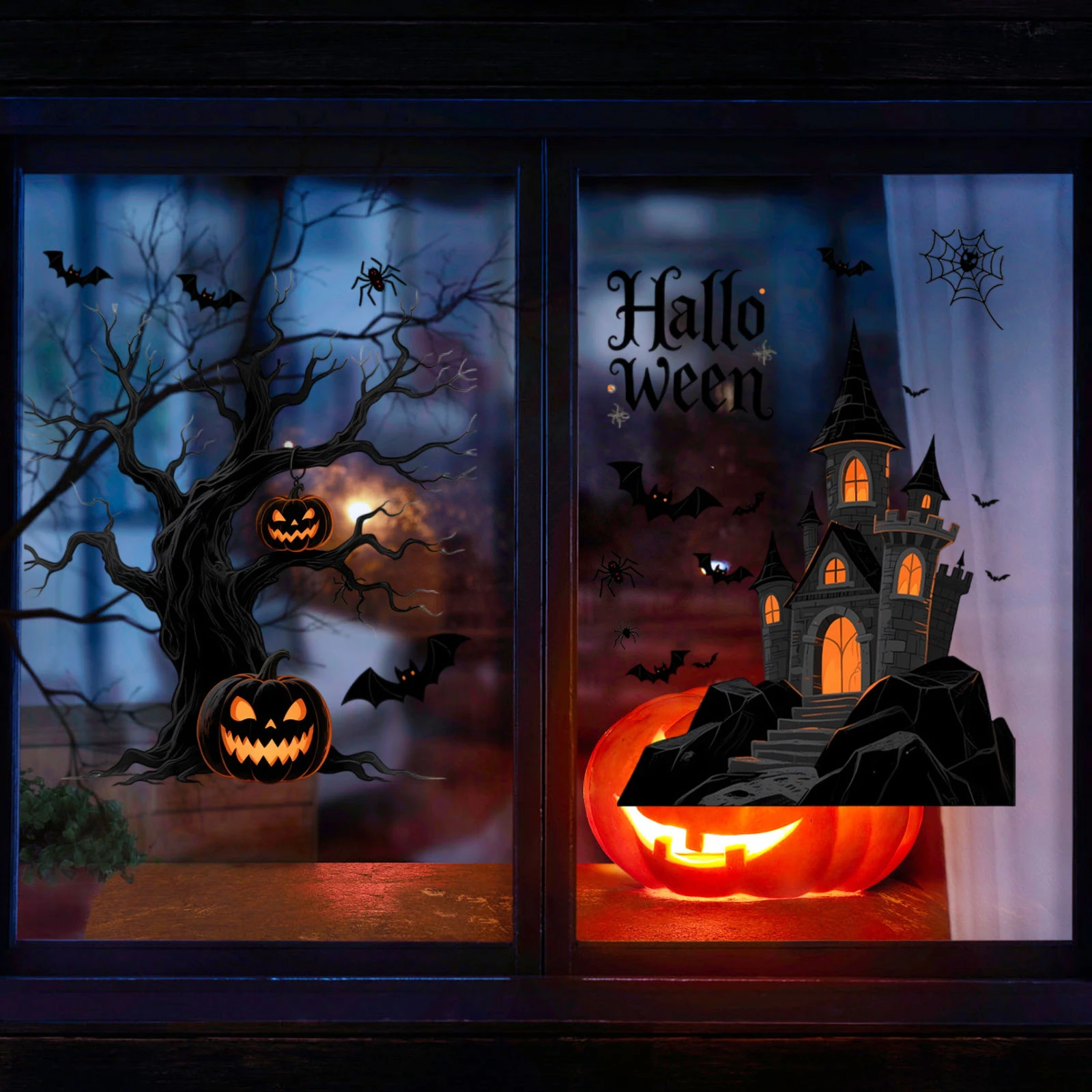 ملصقات نافذة جديدة على شكل قلعة الهالوين وخفاش شبكة العنكبوت لغرفة المعيشة على الوجهين لاصق ثابت خالٍ من الإزالة وقابل للإزالة